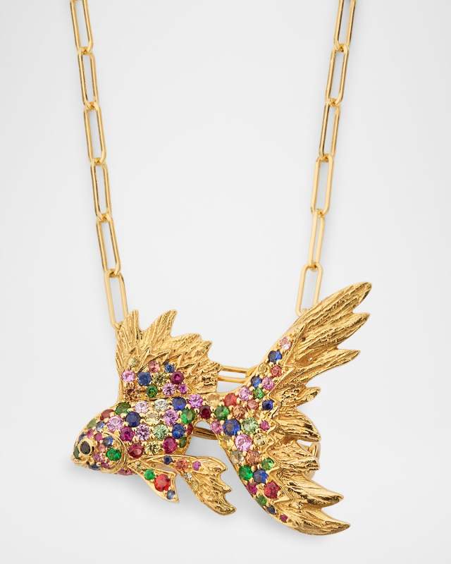 Ark 18K Yellow Gold Multi Sapphire and Onyx Fish Brooch Pendant and Chain, 18"L